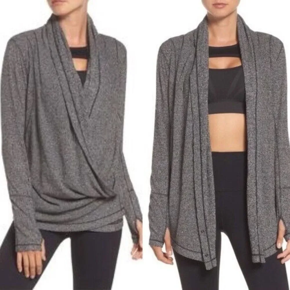 Zella Enlighten Me Cardigan Womens XS Gray Draped Wrap Athleisure‎ Thumbhole